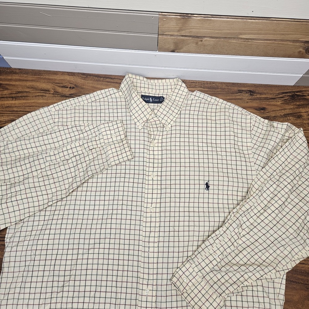Ralph Lauren Gingham Button Down Shirt Mens XLT Long Sleeve Cream Pony Casual